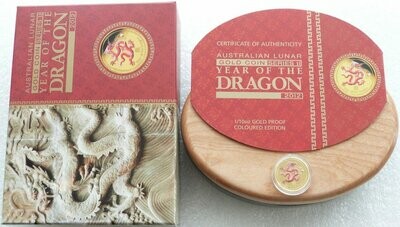 2012-P Australia Lunar Dragon Colour $15 Gold Proof 1/10oz Coin Box Coa