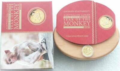 2016-P Australia Lunar Monkey $15 Gold Proof 1/10oz Coin Box Coa