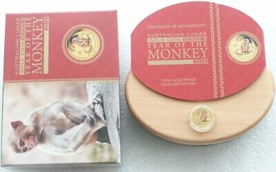 2016-P Australia Lunar Monkey Colour $15 Gold Proof 1/10oz Coin Box Coa
