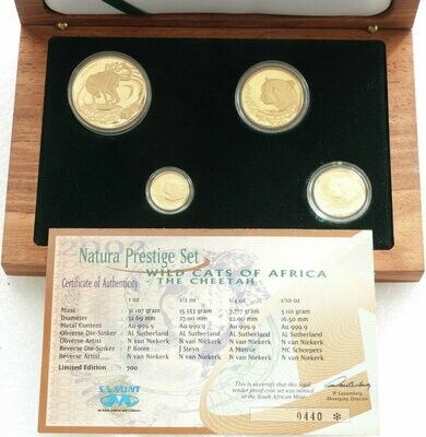 2002 South Africa Prestige Natura Cheetah Gold Proof 4 Coin Set Box Coa - Issue 698