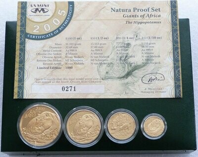 2005 South Africa Natura Hippopotamus Gold Proof 4 Coin Set Box Coa