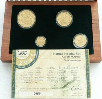 2005 South Africa Prestige Natura Hippopotamus Gold Proof 4 Coin Set Box Coa - Mintage 686