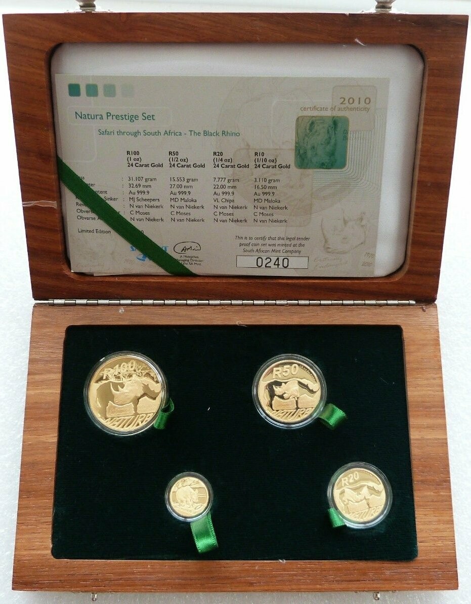 2010 South Africa Prestige Natura Black Rhino Gold Proof 4 Coin Set Box Coa - Mintage 666