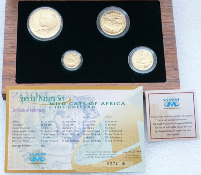 2002 South Africa Special Prestige Natura Cheetah Gold Proof 4 Coin Set Box Coa - Mintage 300