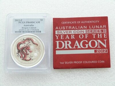 2012-P Australia Lunar Dragon Colour $1 Silver Proof 1oz Coin PCGS PR68