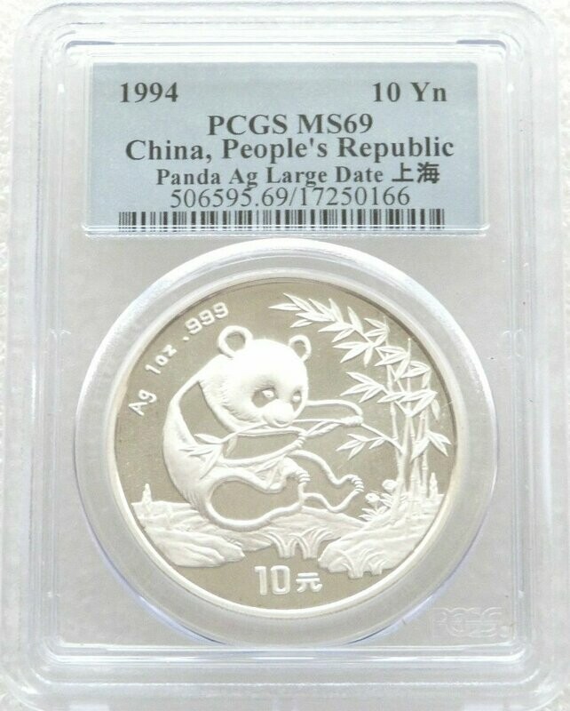 1994-LD China Large Date Panda 10 Yuan Silver 1oz Coin PCGS MS69