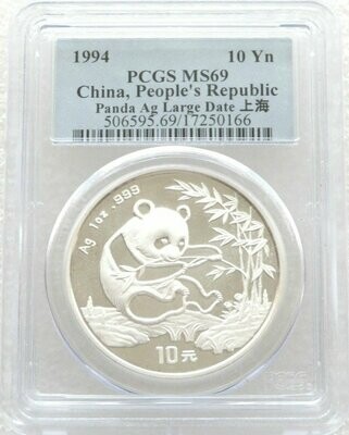 1994-LD China Large Date Panda 10 Yuan Silver 1oz Coin PCGS MS69