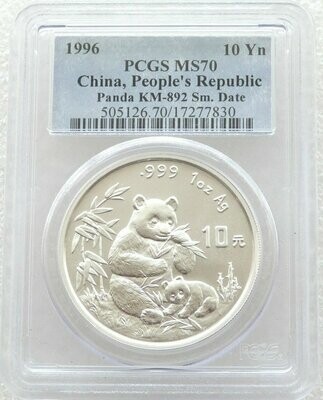 1996-SD China Small Date Panda 10 Yuan Silver 1oz Coin PCGS MS70