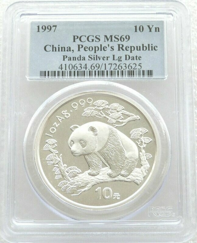 1997-LD China Large Date Panda 10 Yuan Silver 1oz Coin PCGS MS69