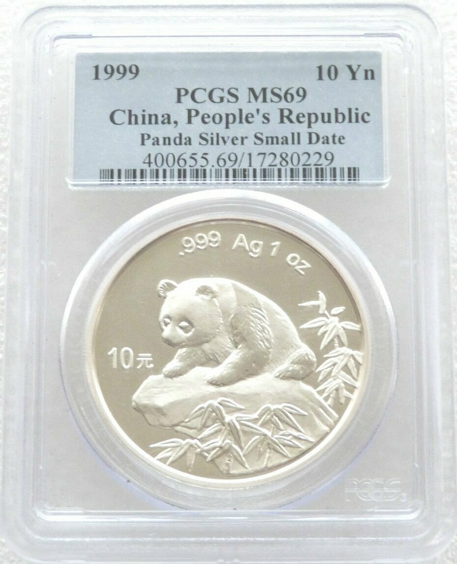 1999-SD China Small Date Panda 10 Yuan Silver 1oz Coin PCGS MS69