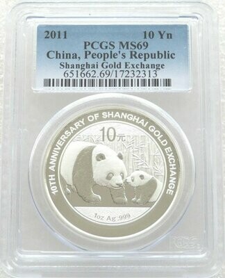 2011 China Shanghai Gold Exchange Panda 10 Yuan Silver 1oz Coin PCGS MS69