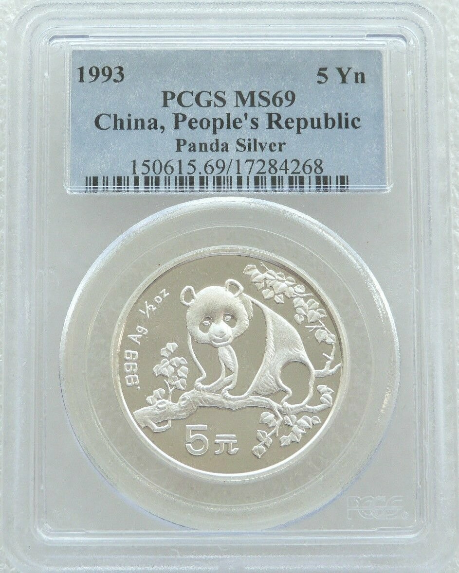 1993 China Panda 5 Yuan Silver 1/2oz Coin PCGS MS69