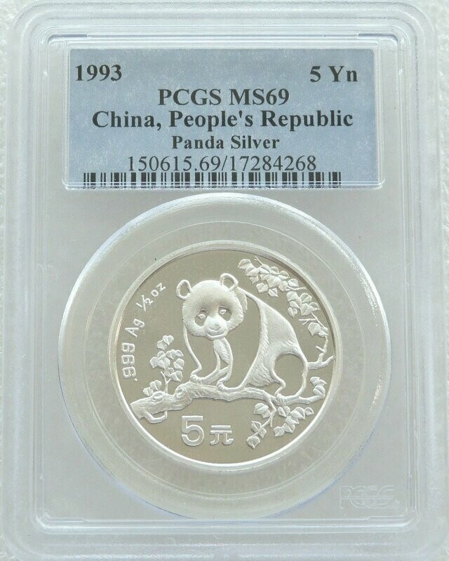 1993 China Panda 5 Yuan Silver 1/2oz Coin PCGS MS69