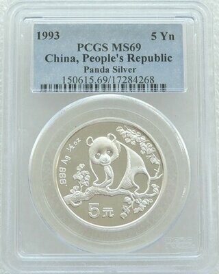 1993 China Panda 5 Yuan Silver 1/2oz Coin PCGS MS69