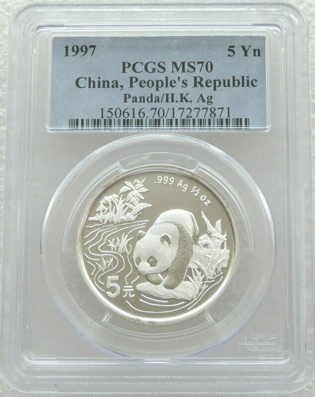1997 China Hong Kong Expo Panda 5 Yuan Silver 1/2oz Coin PCGS MS70