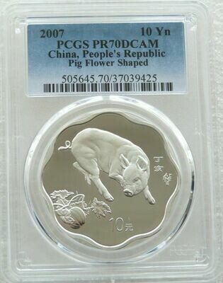 2007 China Lunar Pig Flower 10 Yuan Silver Proof 1oz Coin PCGS PR70 DCAM