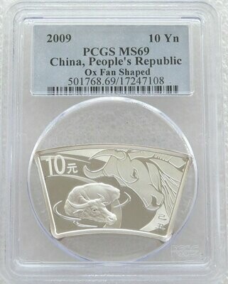 2009 China Lunar Ox Fan Shaped 10 Yuan Silver 1oz Coin PCGS MS69