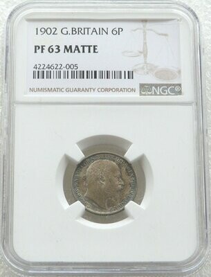 1902 Edward VII Coronation 6D Six Pence Silver Matte Proof Coin NGC PF63