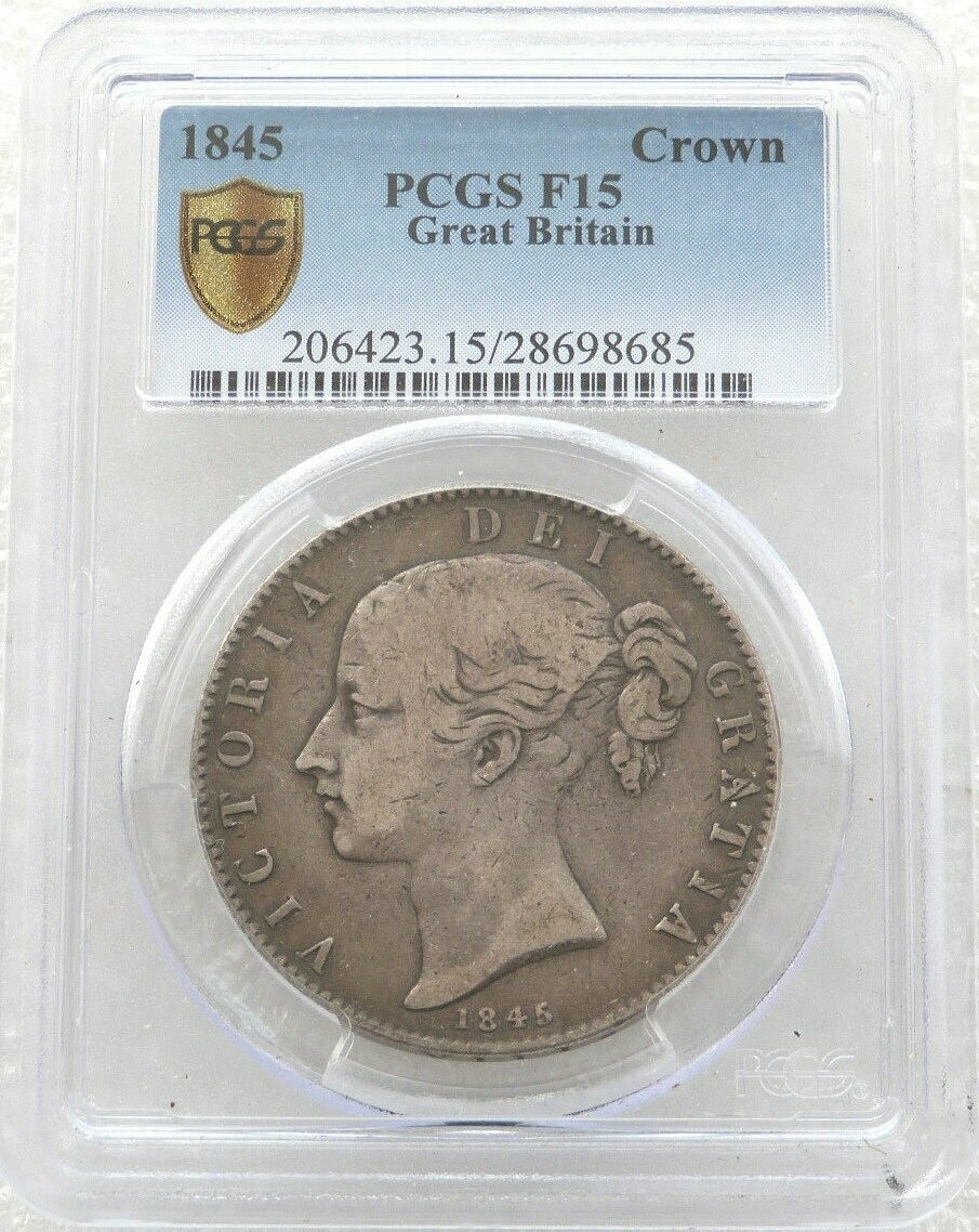 1845 Victoria Young Head Crowned Shield Crown Silver Coin Star Stops PCGS F15