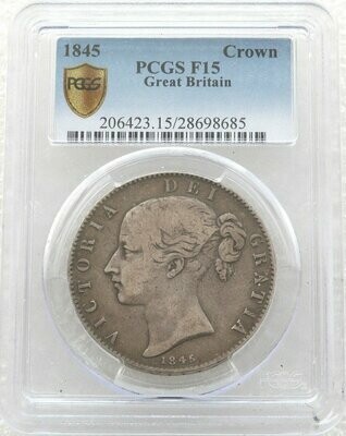 1845 Victoria Young Head Crowned Shield Crown Silver Coin Star Stops PCGS F15