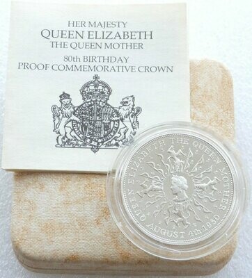 1980 Queen Mother 80th Birthday 25p Silver Proof Crown Coin Box Coa