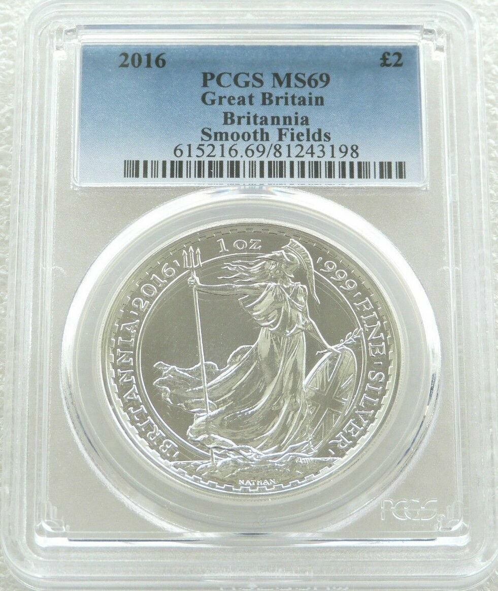 2016 Britannia £2 Silver 1oz Coin PCGS MS69 - Plain Smooth Fields