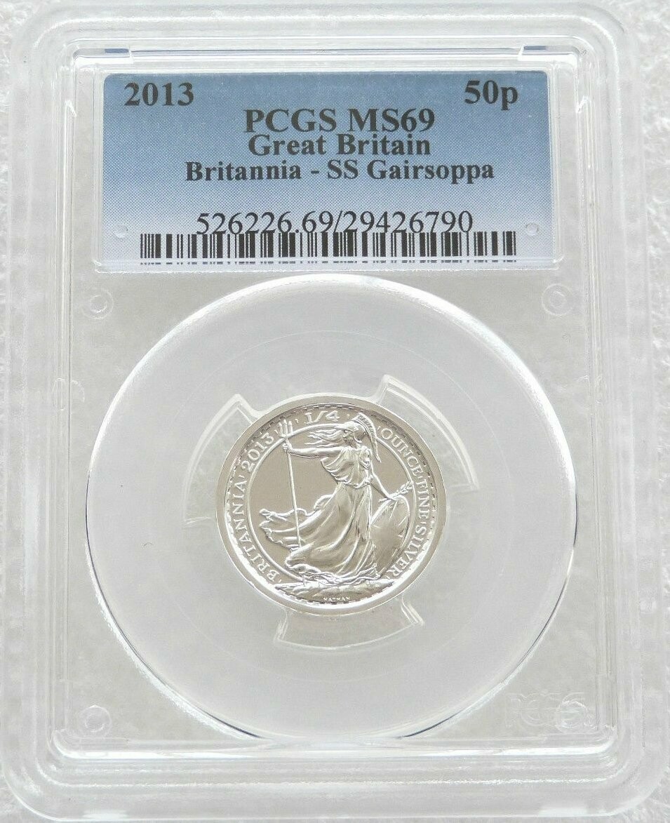 2013 Shipwreck S.S. Gairsoppa Britannia 50p Silver 1/4oz Coin PCGS MS69