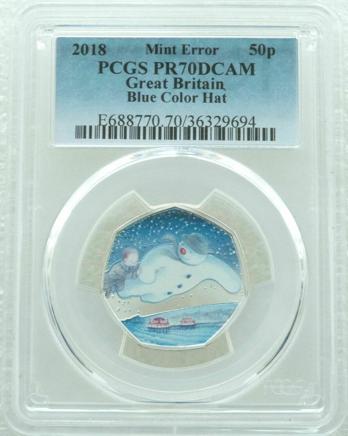 2018 The Snowman 40th Anniversary Mint Error 50p Silver Proof Coin PCGS PR70 DCAM