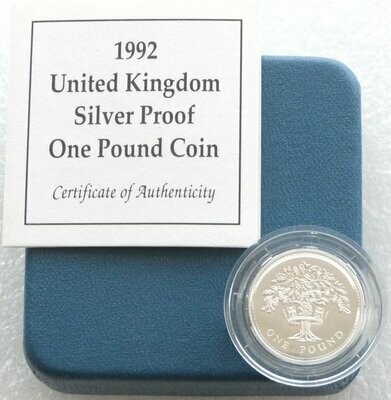 1992 English Royal Oak Tree £1 Silver Proof Coin Box Coa