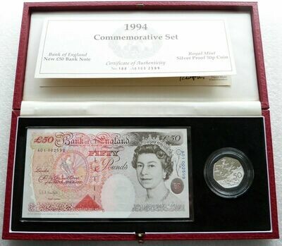 1994 Deluxe D-Day 50p Silver Proof Coin £50 Banknote A01 Set Box Coa