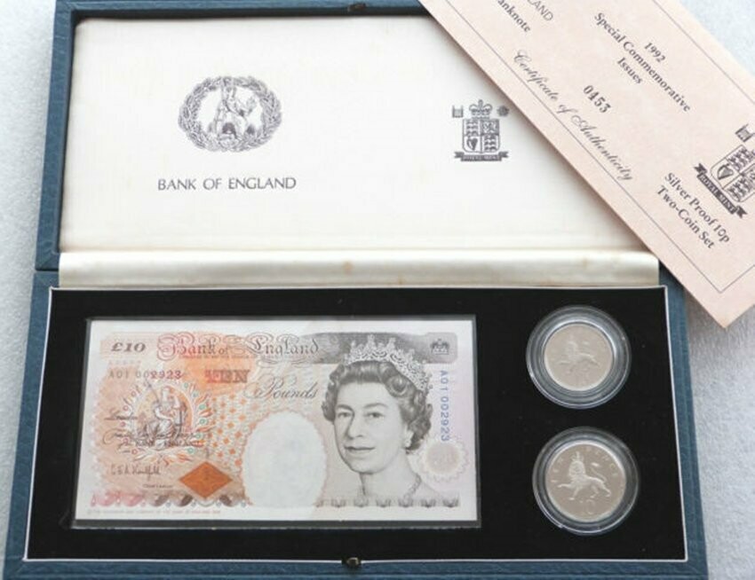 1992 Deluxe 10p Silver Proof 2 Coin £10 Banknote A01 Set Box Coa