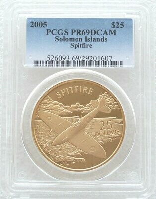 2005 Solomon Islands Powered Flight Spitfire $25 Silver Gold Proof 1oz Coin PCGS PR69