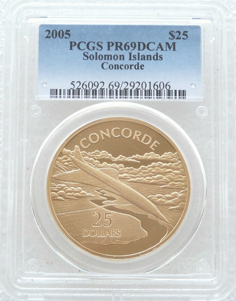 2005 Solomon Islands Powered Flight Concorde $25 Silver Gold Proof 1oz Coin PCGS PR69 DCAM