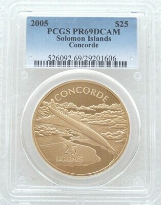 2005 Solomon Islands Powered Flight Concorde $25 Silver Gold Proof 1oz Coin PCGS PR69 DCAM