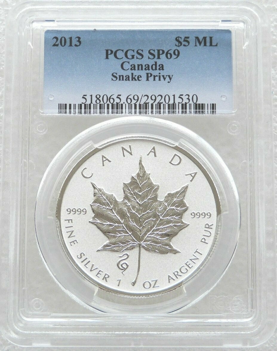 2013 Canada Maple Leaf Snake Privy $5 Silver Reverse Proof 1oz Coin PCGS SP69