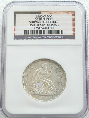 1860-O American SS Republic Shipwreck Liberty Seated 50c Half Dollar Silver Coin NGC