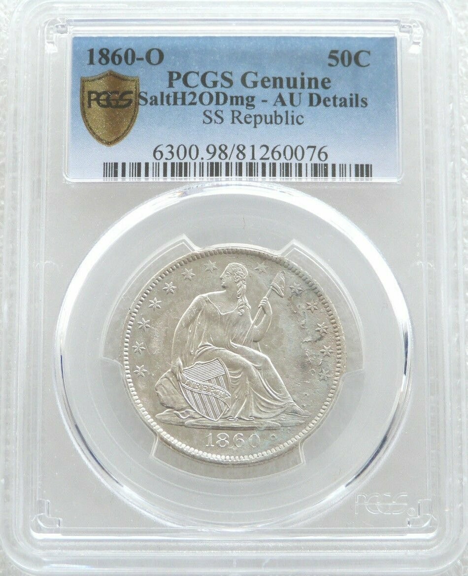 1860-O American SS Republic Shipwreck Liberty Seated 50c Half Dollar Silver Coin PCGS AU Details