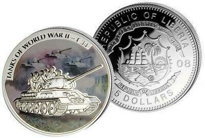 2008 Liberia Tanks of World War II Russian T-34 $5 Silver Proof Coin