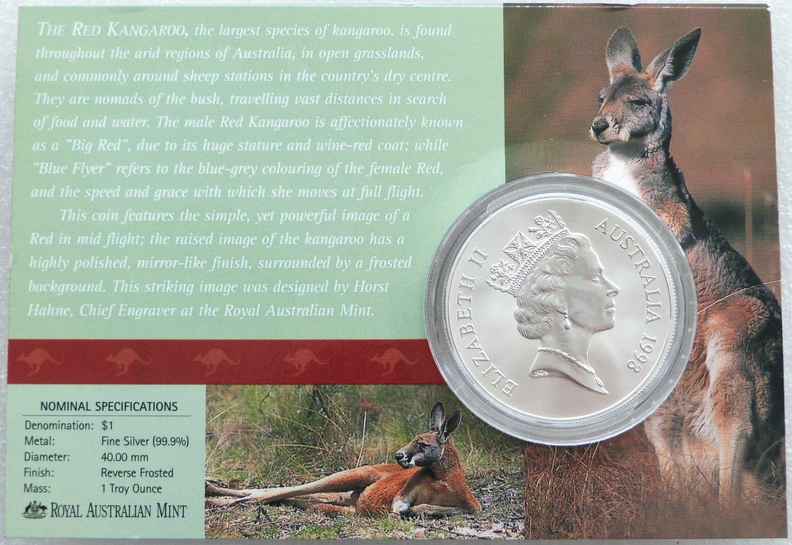 Royal Australian Mint 1998 Australia's Silver Kangaroo $1 1oz Frosted UNC Coin 