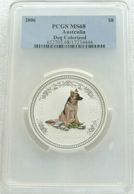2006 Australia Lunar Dog German Shepherd Colour $8 Silver 5oz Coin PCGS MS68