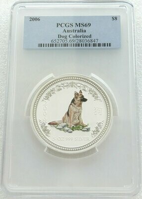 2006 Australia Lunar Dog German Shepherd Colour $8 Silver 5oz Coin PCGS MS69