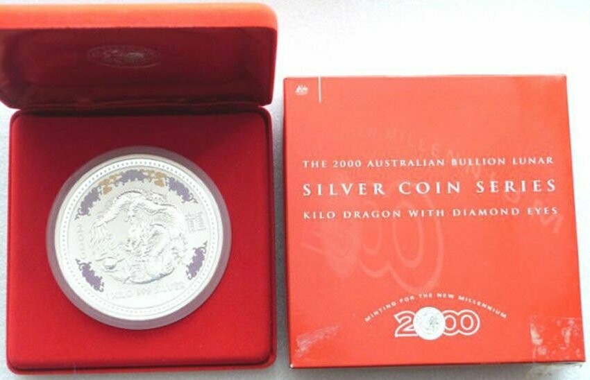 2000 Australia Lunar Dragon Diamond Gemstone $30 Silver Kilo Coin Box Coa