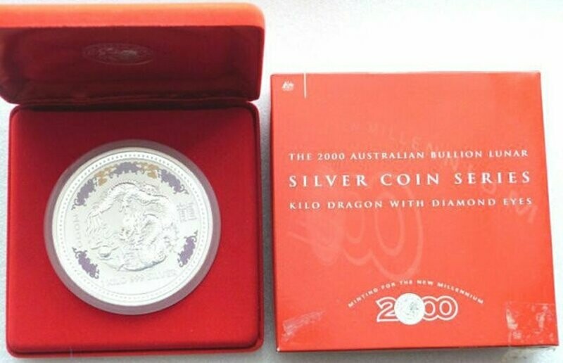 2000 Australia Lunar Dragon Diamond Gemstone $30 Silver Kilo Coin Box Coa
