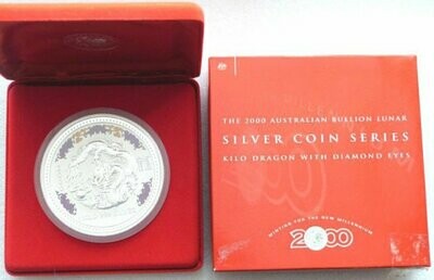 2000 Australia Lunar Dragon Diamond Gemstone $30 Silver Kilo Coin Box Coa
