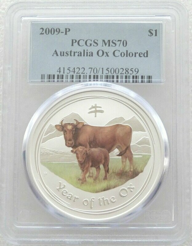 2009-P Australia Lunar Ox Colour $1 Silver 1oz Coin PCGS MS70