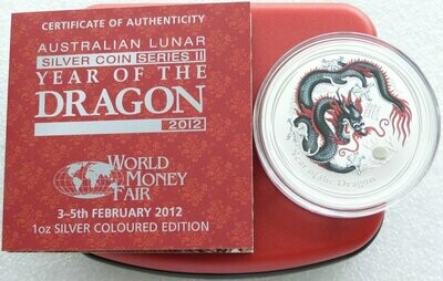 2012-P Australia Lunar Dragon Black $1 Silver 1oz Coin Box Coa