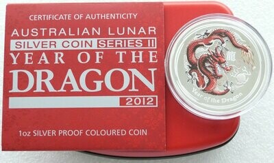 2012-P Australia Lunar Dragon Colour $1 Silver Proof 1oz Coin Box Coa