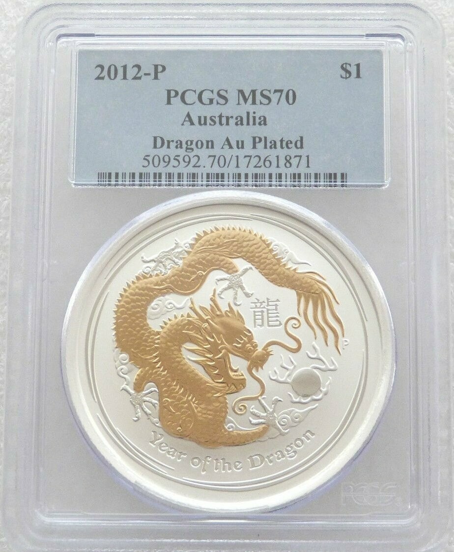 2012-P Australia Lunar Dragon $1 Silver Gold 1oz Coin PCGS MS70