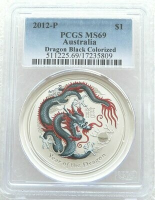 2012-P Australia Lunar Dragon Black $1 Silver 1oz Coin PCGS MS69