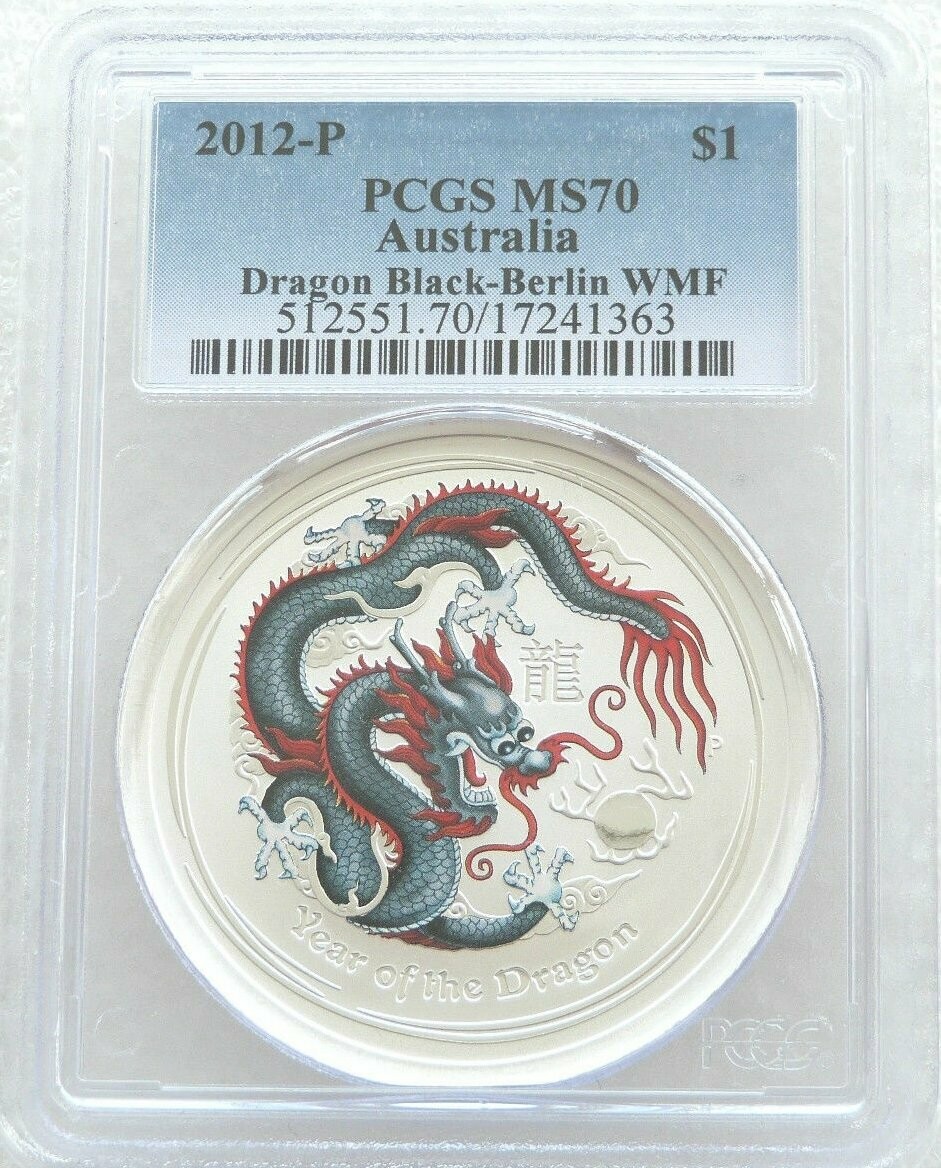 2012-P Australia Lunar Dragon Black $1 Silver 1oz Coin PCGS MS70